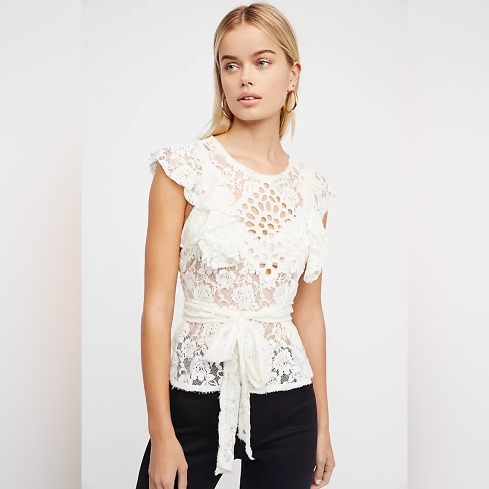 Free People FP One Celeste Lace Flutter Short Sleeve Wrap Waist Sheer Top Size S
